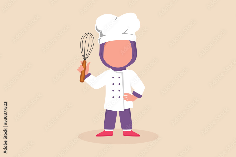 Happy little girl chef wearing chef uniform and holding manual mixer. Cooking concept. Vector illustration. Happy little girl chef wearing chef uniform and holding manual mixer. Cooking concept. Vector illustration.