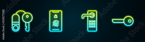 Set line House with key, Mobile fingerprint scan, Digital door lock and Key. Glowing neon icon. Vector