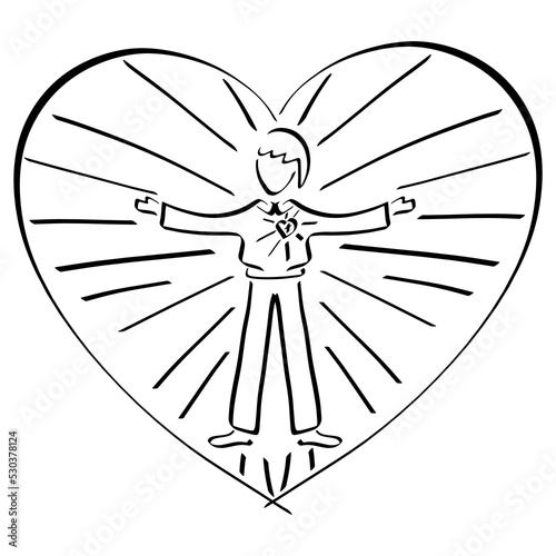 man who shines with his faith like the sun, spreading the love of God, black outline on a white background