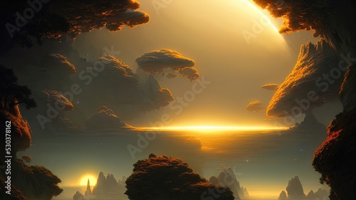 Fantasy alien world, abstract landscape, rays of light, gloomy clouds, neon, flashes of light. 3D illustration © Terablete