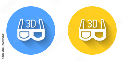 White 3D cinema glasses icon isolated with long shadow background. Circle button. Vector