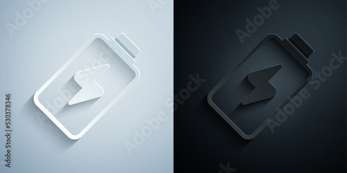 Paper cut Battery charge level indicator icon isolated on grey and black background. Paper art style. Vector