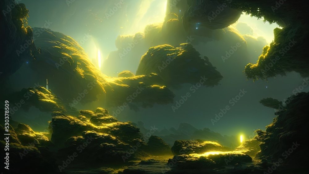 Fantasy alien world, abstract landscape, rays of light, gloomy clouds, neon, flashes of light. 3D illustration