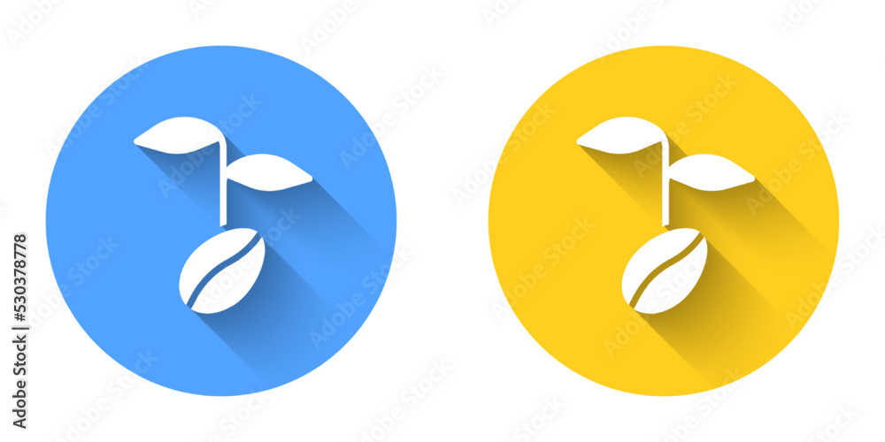 White Coffee beans icon isolated with long shadow background. Circle button. Vector White Coffee beans icon isolated with long shadow background. Circle button. Vector