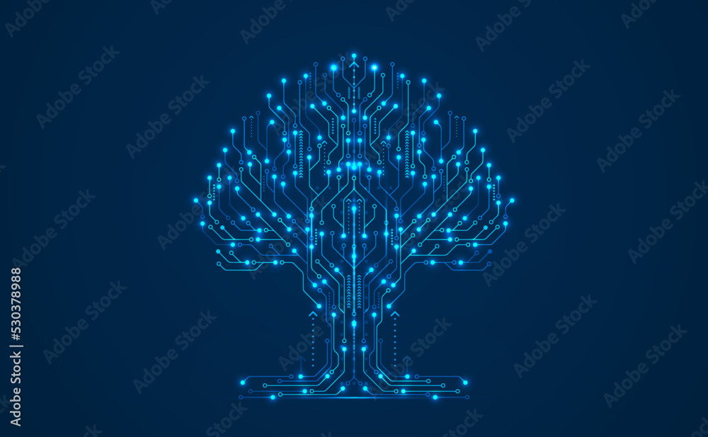 Technology big data tree network on blue background. Digital circuit board internet connection. Hi-tech