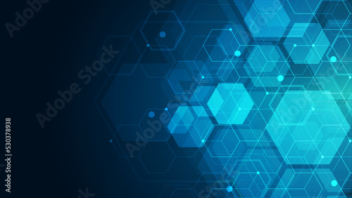 Hexagons pattern on blue background. Genetic research, molecular structure. Chemical engineering. Concept of innovation technology. Used for design healthcare, science and medicine background