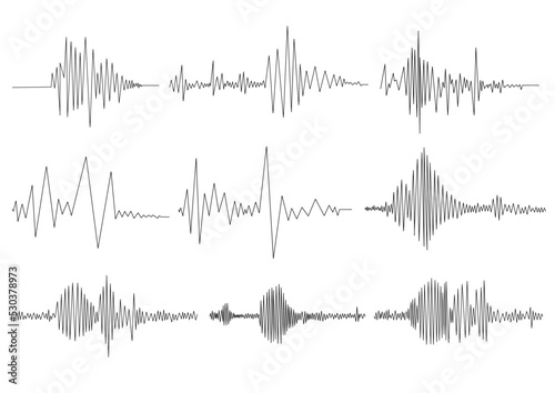 Earthquake seismogram or music volume waves set. Seismograph vibration or magnitude recording chart collection. Polygraph lie test detector diagram record. Vector illustration. photo