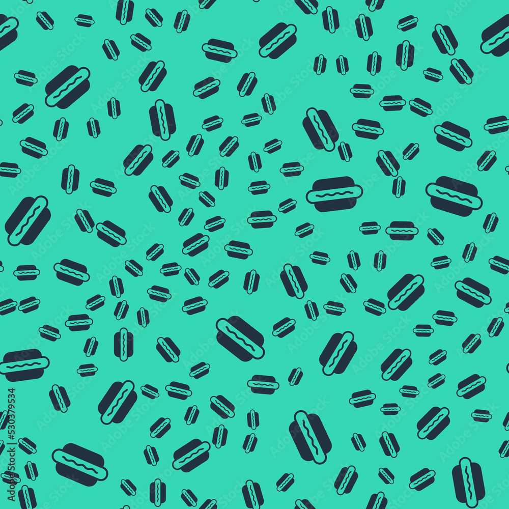 Black Hotdog sandwich icon isolated seamless pattern on green background. Sausage icon. Fast food sign. Vector