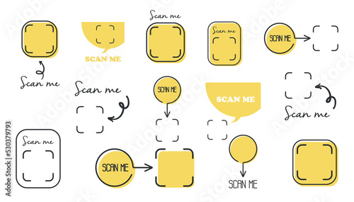 Scan me phone tag. Qr code mock up, mockup set. Barcode smartphone id icon. Cellphone qrcode banner.