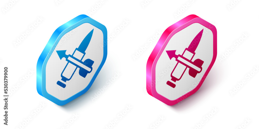 Isometric Crossed bullet with arrow icon isolated on white background. Hexagon button. Vector