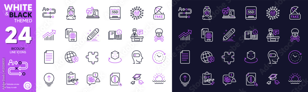 Brand contract, Puzzle and Fake news line icons for website, printing. Collection of Stress, Sunset, Time change icons. Swipe up, Coronavirus, Augmented reality web elements. Search. Vector