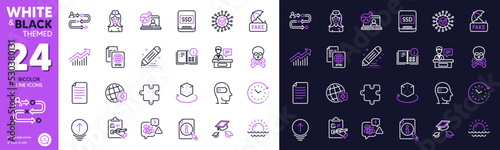 Brand contract, Puzzle and Fake news line icons for website, printing. Collection of Stress, Sunset, Time change icons. Swipe up, Coronavirus, Augmented reality web elements. Search. Vector