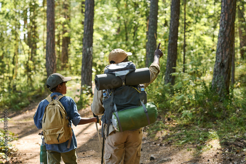 Mature black man with rucksacks on his back pointing at pine tree while holding his grandson by hand during their backpack trip