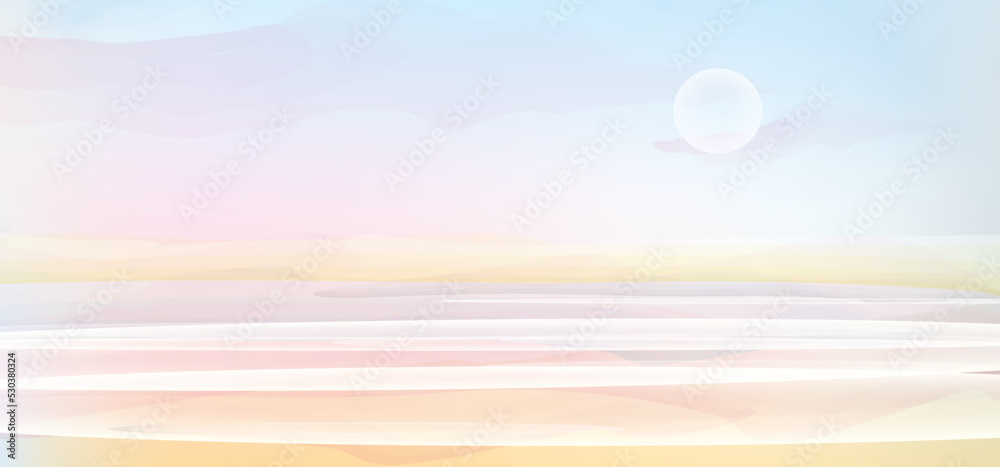 Sunrise, tide of the waves, morning sea view, coast line  background in pink  pastel colours. Vector illustration, watercolor style, concept for card, poster, flyer, print. - obrazy, fototapety, plakaty 
