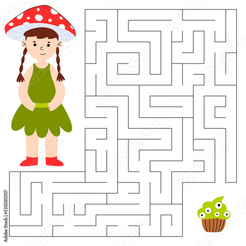 Maze game for children. Cute boy in costume mushroom looking for a way to the zombe cupcake. Children's educational game.