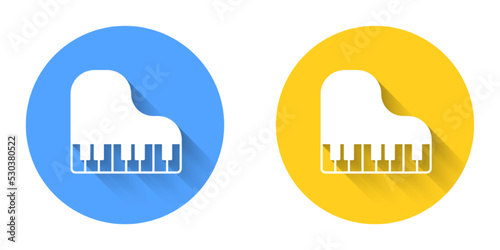 White Grand piano icon isolated with long shadow background. Musical instrument. Circle button. Vector