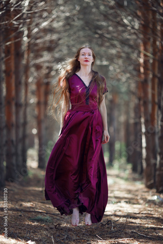 A tall, slender woman with long blond hair walks in the woods in a burgundy dress. In the pine forest.