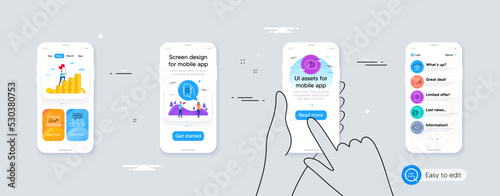 Set of Sound check, Eye detect and Mobile internet line icons. Phone ui interface. Include Report, Online voting, Love chat icons. Feedback, Favorite app, Wifi web elements. Vector