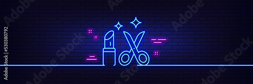 Neon light glow effect. Beauty salon line icon. Haircut scissors and lipstick sign. Makeup service symbol. 3d line neon glow icon. Brick wall banner. Beauty outline. Vector