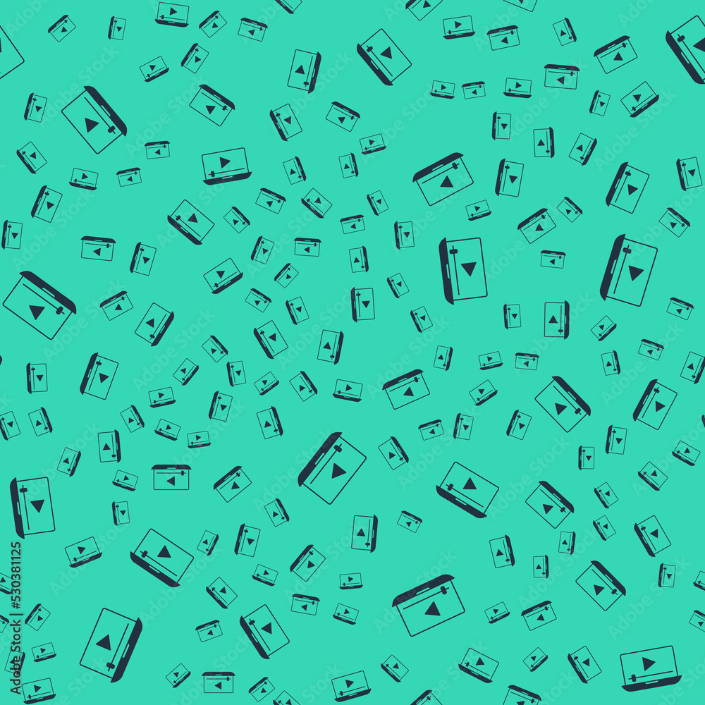 Black Online play video icon isolated seamless pattern on green background. Laptop and film strip with play sign. Vector Black Online play video icon isolated seamless pattern on green background. Laptop and film strip with play sign. Vector