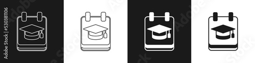 Set Online education and graduation icon isolated on black and white background. Online teacher on monitor. Webinar and video seminar learning. Vector