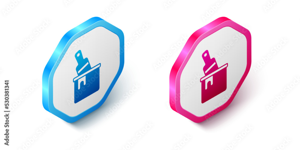 Isometric Paint bucket with brush icon isolated on white background. Hexagon button. Vector Isometric Paint bucket with brush icon isolated on white background. Hexagon button. Vector
