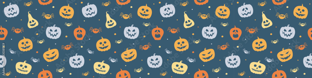 Banner with funny pumpkin lanterns and spiders. Halloween seamless pattern. Vector
