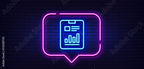 Neon light speech bubble. Report document line icon. Analysis Chart or Sales growth sign. Statistics data symbol. Neon light background. Report document glow line. Brick wall banner. Vector