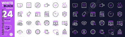 Seo stats, Open box and International Ð¡opyright line icons for website, printing. Collection of Smartphone broken, Market buyer, Flights application icons. Yummy smile, Lock. Vector