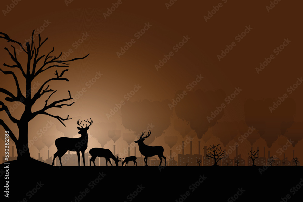 Silhouette of deer and dead trees with air pollution caused by factory in background , global warming causes