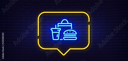 Neon light speech bubble. Food delivery line icon. Meal order sign. Fast food symbol. Neon light background. Fast food glow line. Brick wall banner. Vector