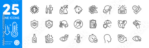 Outline icons set. Skin cream, Dont touch and Cleaning liquids icons. Coronavirus, Thermometer, Covid virus web elements. Alcohol free, Covid test, Medical mask signs. Eye protection. Vector