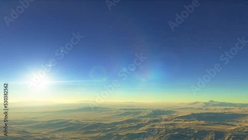 Aerial fly over martian red planet landscape
