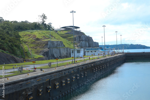 Container ship at the Miraflores Locks, Panama Canal, Panama City, Panama photo