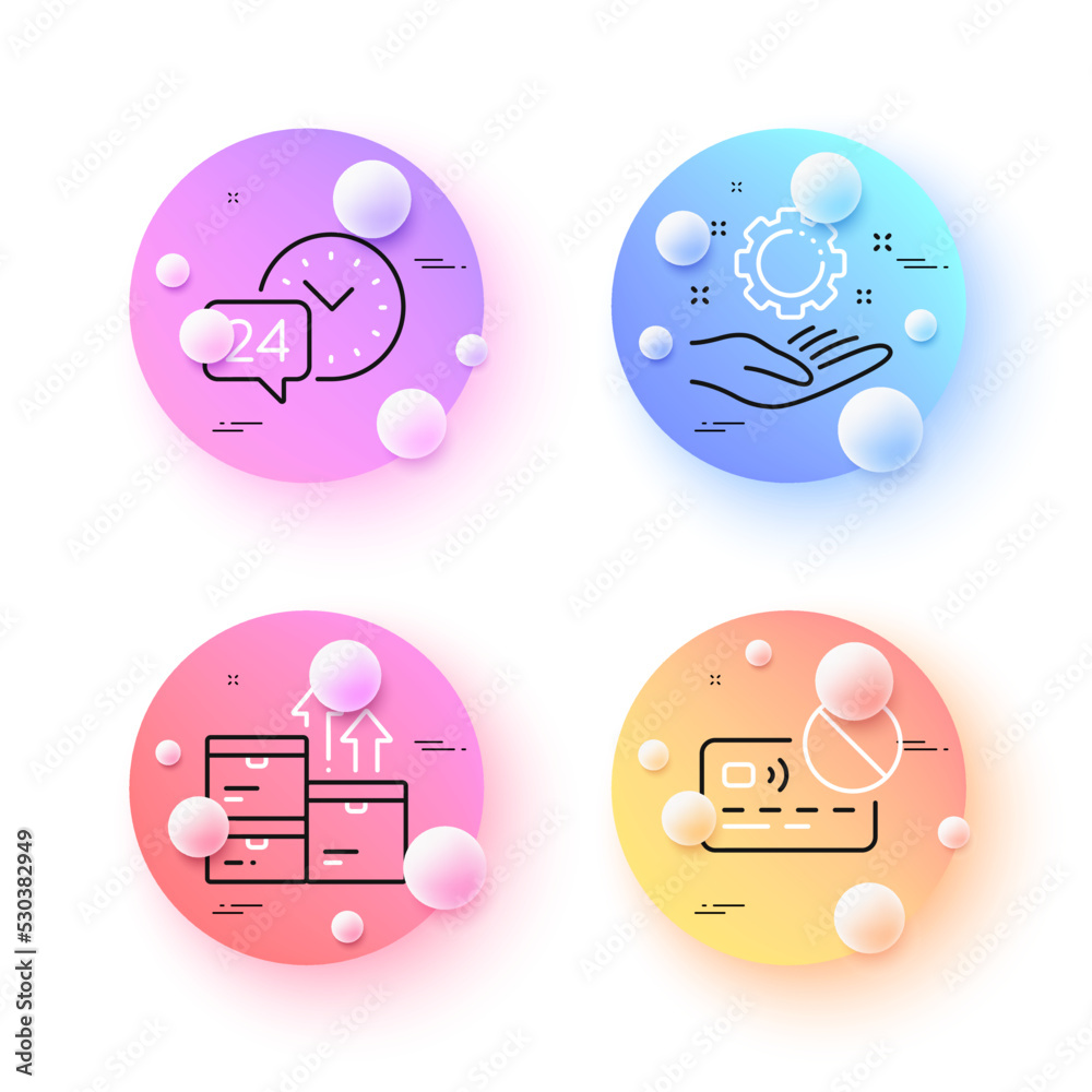 Wholesale goods, Card and Employee hand minimal line icons. 3d spheres or balls buttons. 24h service icons. For web, application, printing. Warehouse inventory, Bank payment, Work gear. Vector Wholesale goods, Card and Employee hand minimal line icons. 3d spheres or balls buttons. 24h service icons. For web, application, printing. Warehouse inventory, Bank payment, Work gear. Vector