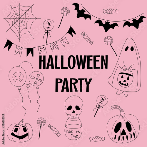 Halloween poster with elements in doodle style drawn by hand.