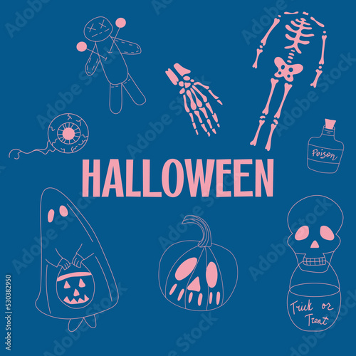 Halloween poster with elements in doodle style drawn by hand.