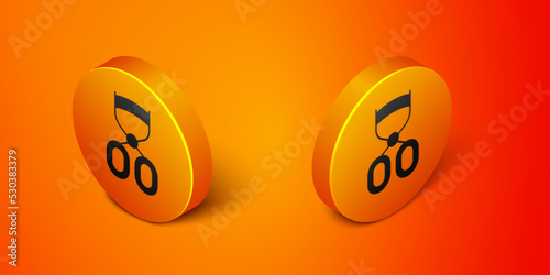 Isometric Eyelash curler icon isolated on orange background. Makeup tool sign. Orange circle button. Vector