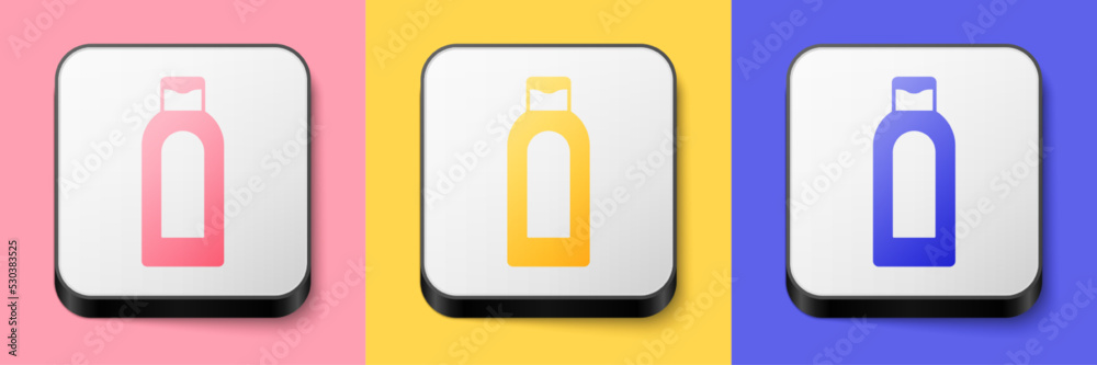 Isometric Bottle of shampoo icon isolated on pink, yellow and blue background. Square button. Vector Isometric Bottle of shampoo icon isolated on pink, yellow and blue background. Square button. Vector