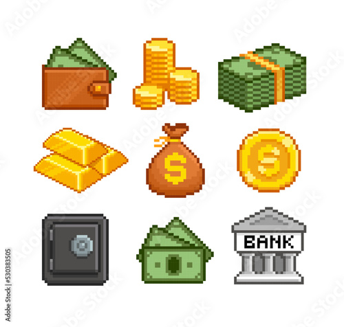 Pixel Art Cash Money icons set for business and finance. Retro game design. Pixel wallet . Golden coins, Gold bars. Pixel Bank icon. Mmoney icons in retro video computer game style