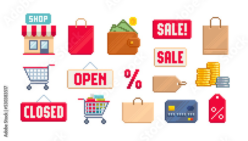 Pixel art shopping icon set - editable vector template. Pixel shop or store. Open and Closed vintage sign. Marketplace pixe art icons collection. Retro 8-bit computer game style. 