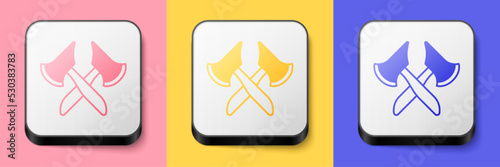 Isometric Wooden axe icon isolated on pink, yellow and blue background. Lumberjack axe. Square button. Vector