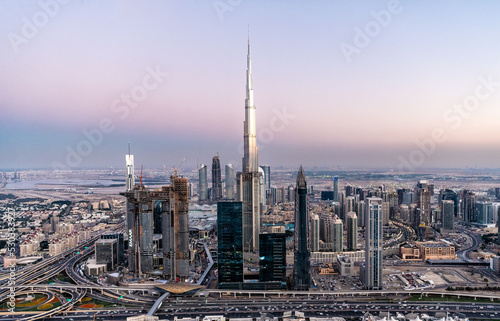 Aerial sunset view of Sheikh Zayed Road Dubai