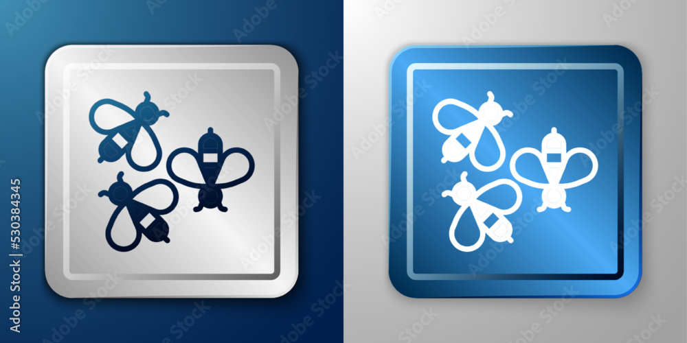 White Bees icon isolated on blue and grey background. Sweet natural food. Honeybee or apis with wings symbol. Flying insect. Silver and blue square button. Vector White Bees icon isolated on blue and grey background. Sweet natural food. Honeybee or apis with wings symbol. Flying insect. Silver and blue square button. Vector