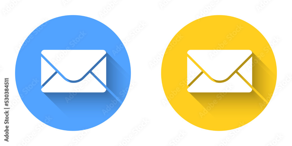 White Mail and e-mail icon isolated with long shadow background. Envelope symbol e-mail. Email message sign. Circle button. Vector White Mail and e-mail icon isolated with long shadow background. Envelope symbol e-mail. Email message sign. Circle button. Vector