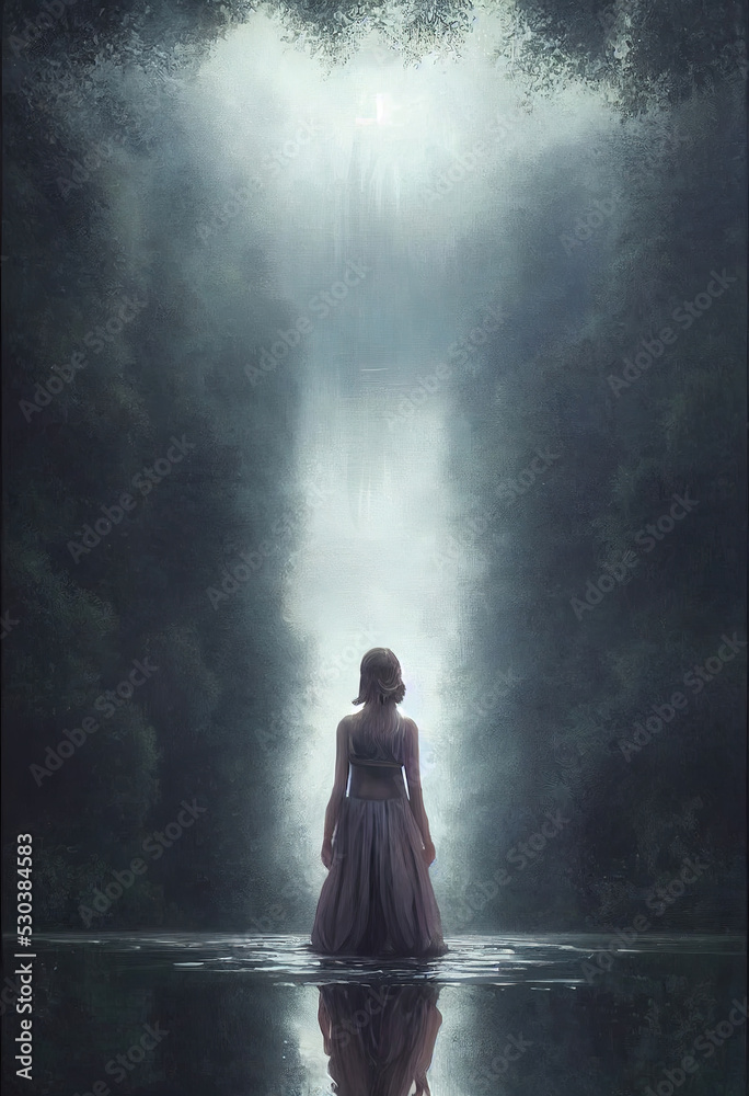 Girl walks on water to foggy forest
Girl walks on water to foggy forest