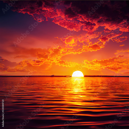 Clouded weather Sunset at ocean 3d illustrated   