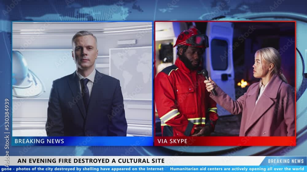 Male news anchor in TV news studio and journalist interviewing african american rescuer worker after devastating fire live on TV news channel