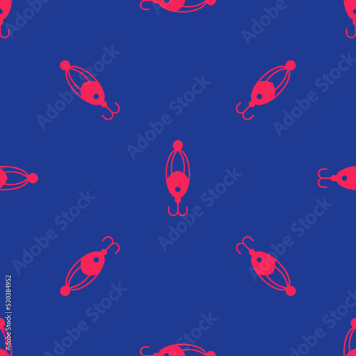 Red Fishing lure icon isolated seamless pattern on blue background. Fishing tackle. Vector © Iryna