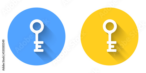 White Old key icon isolated with long shadow background. Circle button. Vector